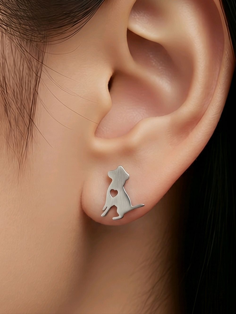 Silver Dog Stud Earrings Heart Cutout Dainty Stainless Steel Pet Love Meaningful